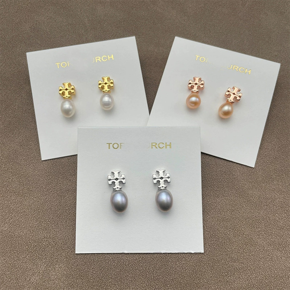 Tory Burch Gold Plated Double Freshwater Pearl Letter Stud Earrings